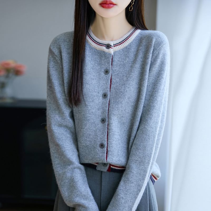 Round Neck Contrast Trim Cardigan