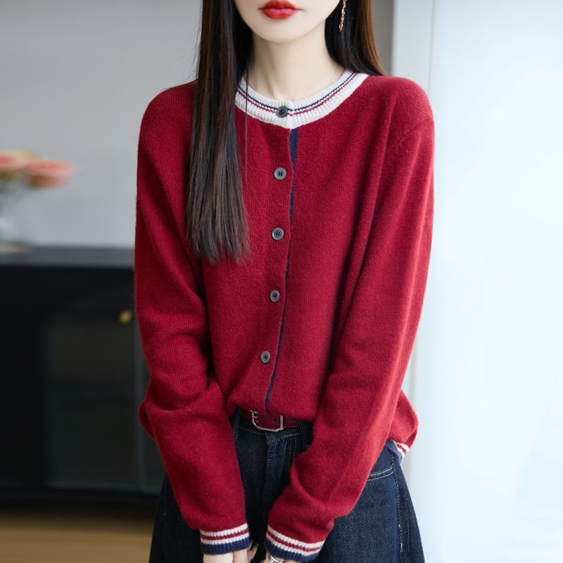 Round Neck Contrast Trim Cardigan