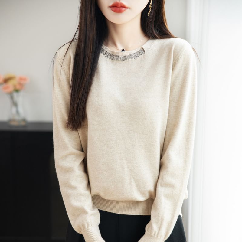 Long-Sleeve Round Neck Plain Rhinestone Knit Top