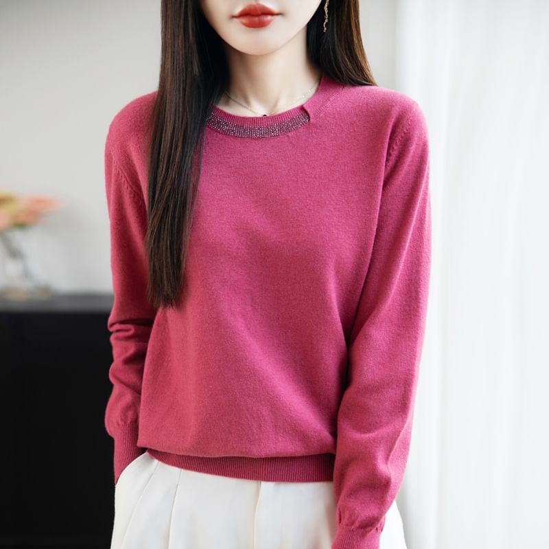 Long-Sleeve Round Neck Plain Rhinestone Knit Top