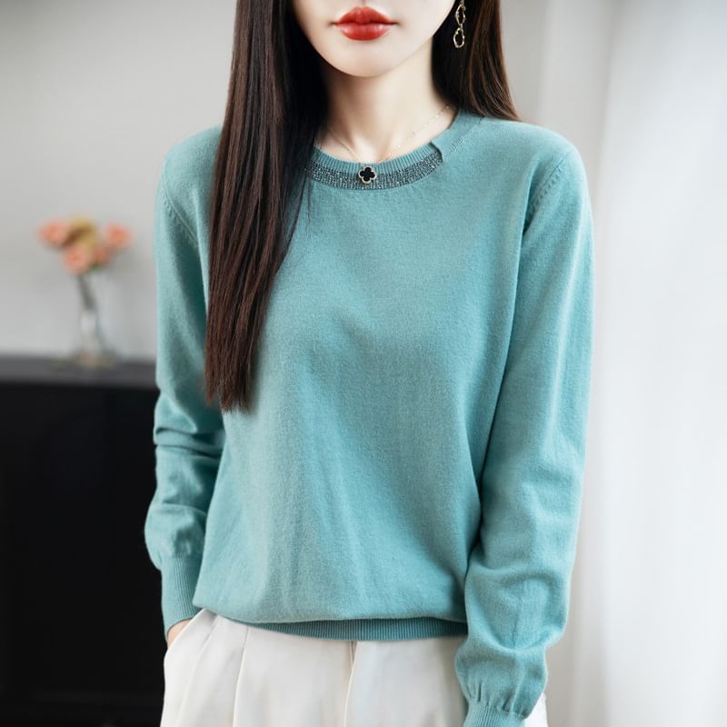 Long-Sleeve Round Neck Plain Rhinestone Knit Top