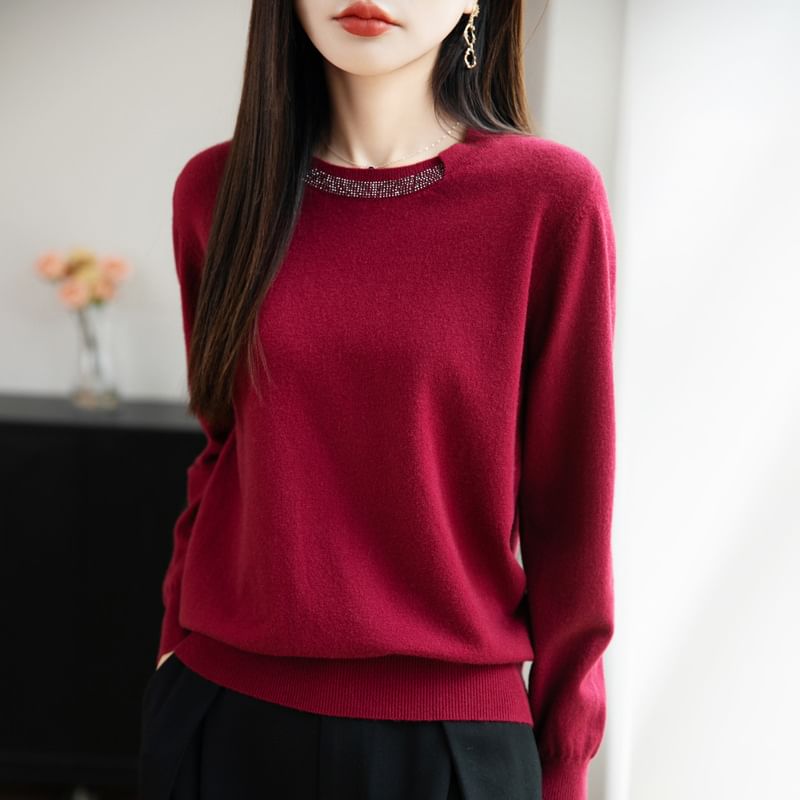 Long-Sleeve Round Neck Plain Rhinestone Knit Top