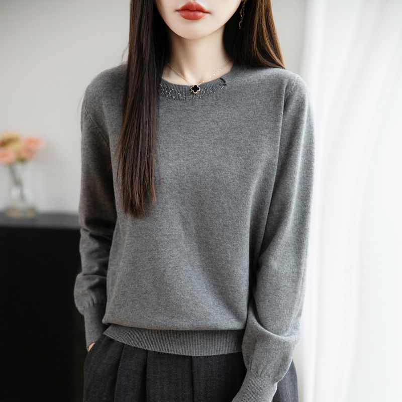 Long-Sleeve Round Neck Plain Rhinestone Knit Top