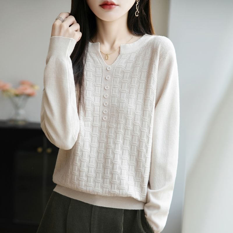 Long-Sleeve Notch Neck Plain Knit Top