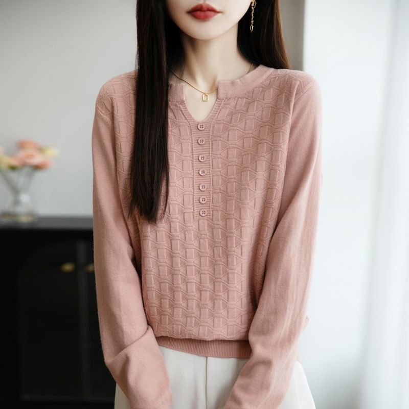 Long-Sleeve Notch Neck Plain Knit Top