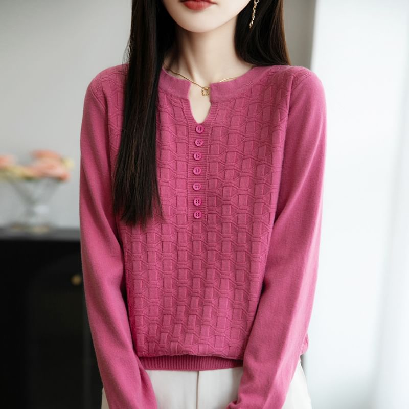 Long-Sleeve Notch Neck Plain Knit Top