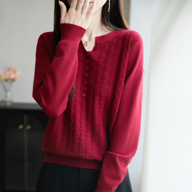 Long-Sleeve Notch Neck Plain Knit Top