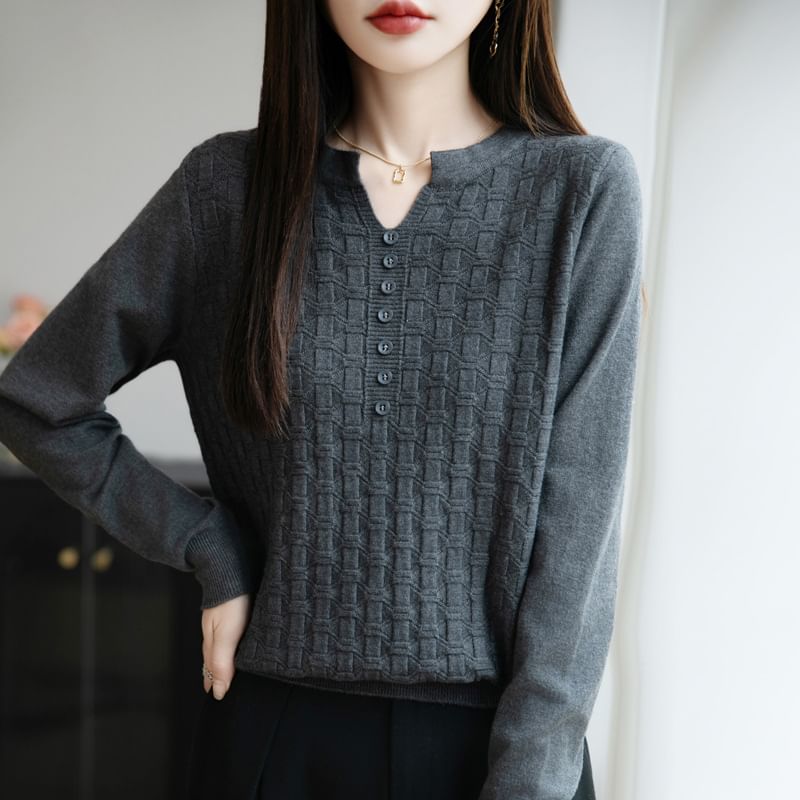 Long-Sleeve Notch Neck Plain Knit Top