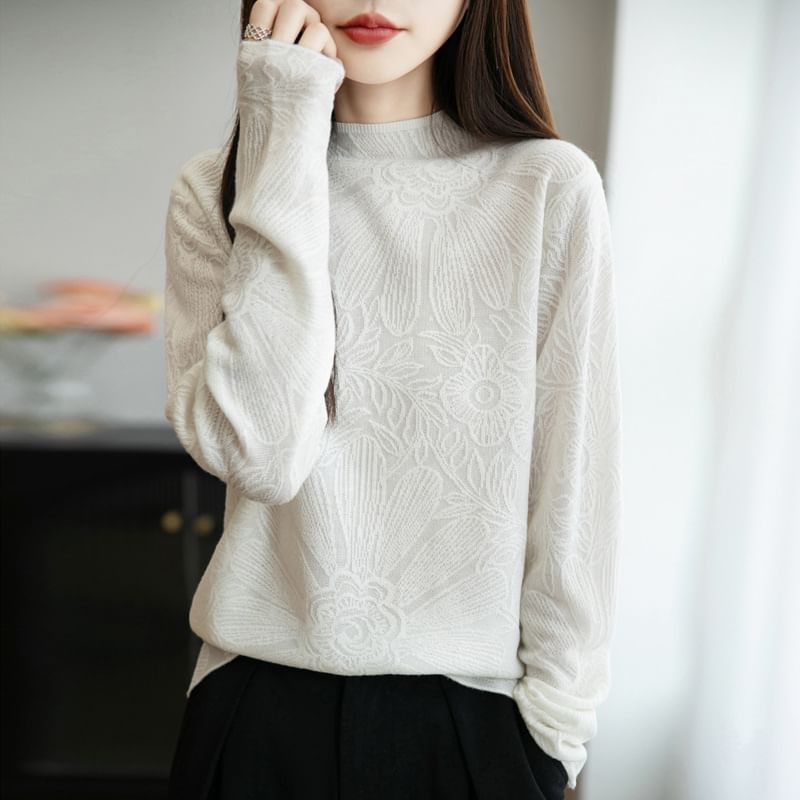 Long-Sleeve Mock Neck Floral Knit Top
