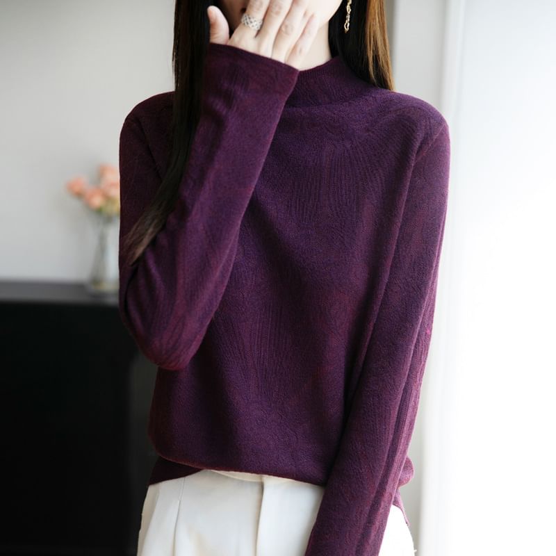 Long-Sleeve Mock Neck Floral Knit Top