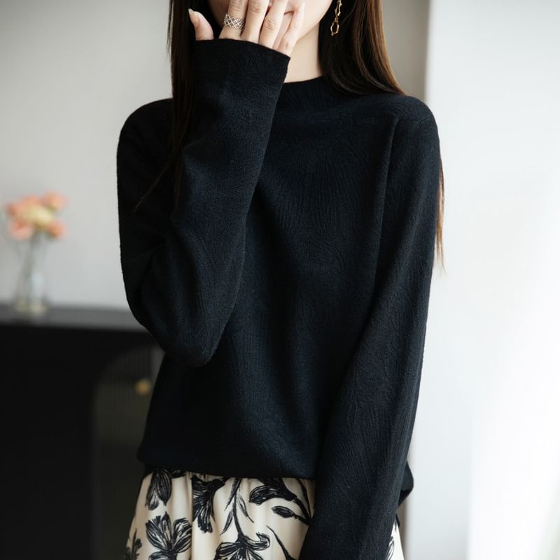 Long-Sleeve Mock Neck Floral Knit Top