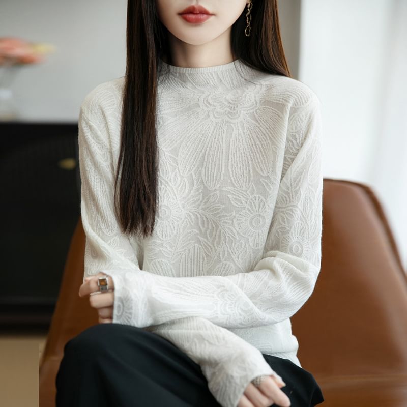 Long-Sleeve Mock Neck Floral Knit Top