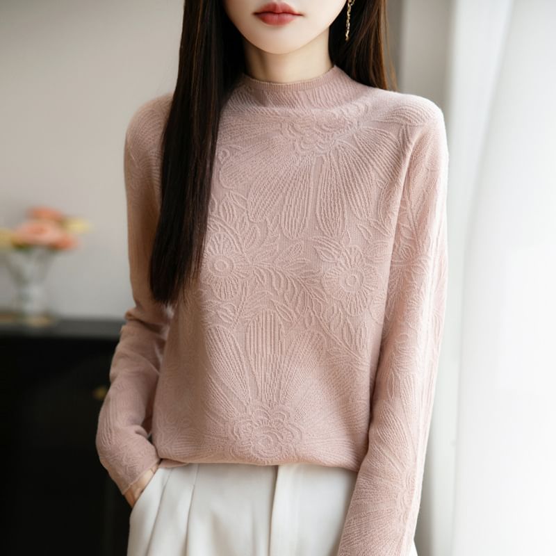 Long-Sleeve Mock Neck Floral Knit Top