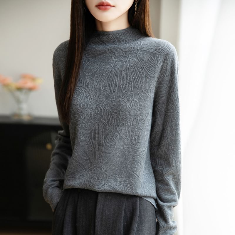 Long-Sleeve Mock Neck Floral Knit Top