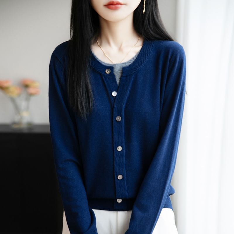 Mock Two-Piece Long-Sleeve Crew Neck Two Tone Button Knit Top