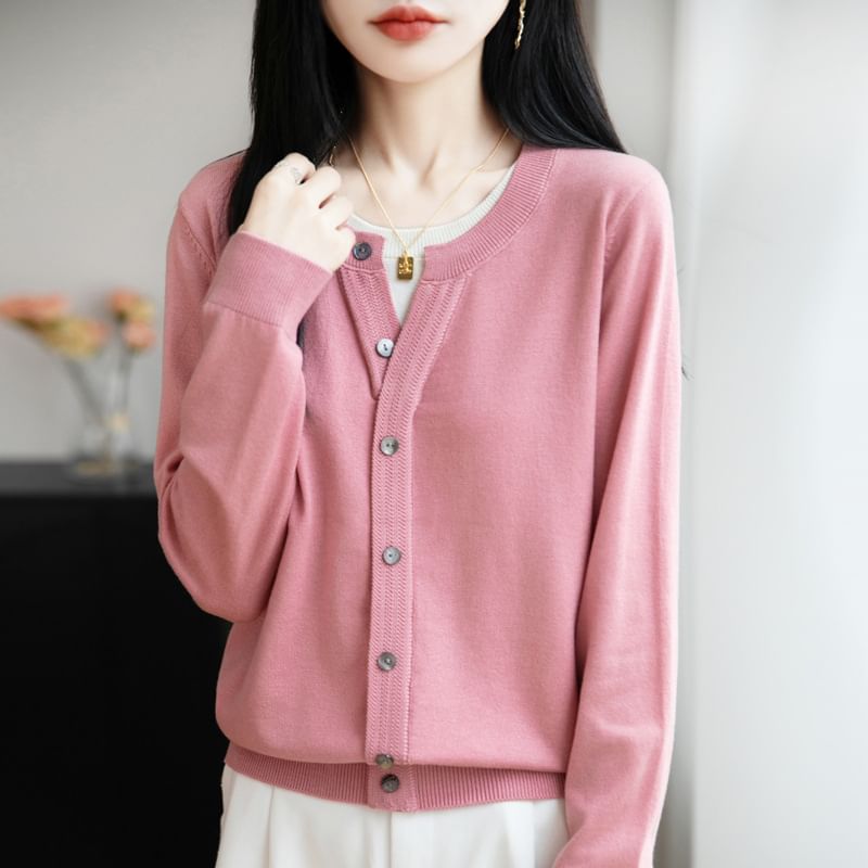 Mock Two-Piece Long-Sleeve Crew Neck Two Tone Button Knit Top