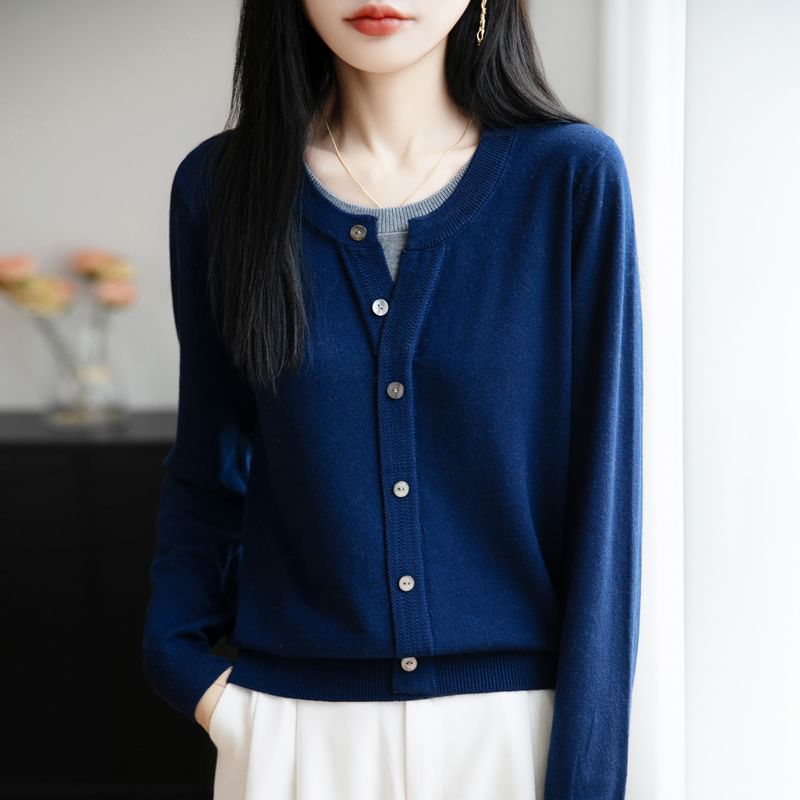 Mock Two-Piece Long-Sleeve Crew Neck Two Tone Button Knit Top
