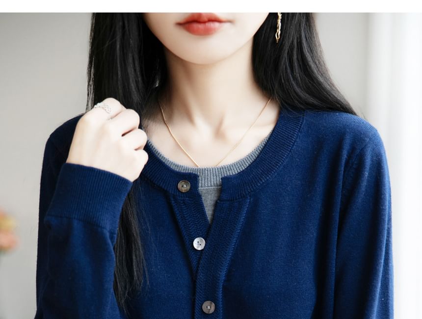 Mock Two-Piece Long-Sleeve Crew Neck Two Tone Button Knit Top