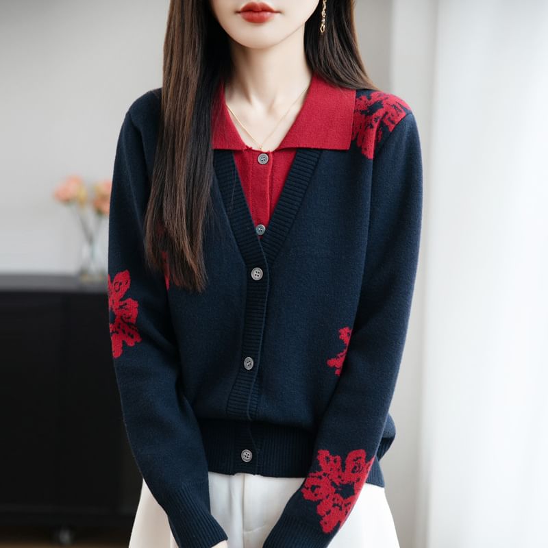 Mock Two-Piece Long-Sleeve Collar Floral Panel Button Knit Top
