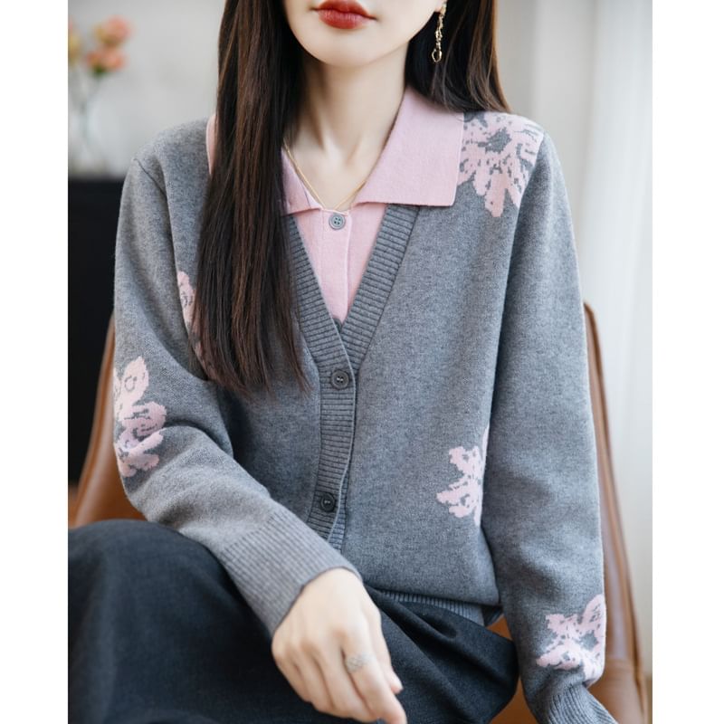 Mock Two-Piece Long-Sleeve Collar Floral Panel Button Knit Top