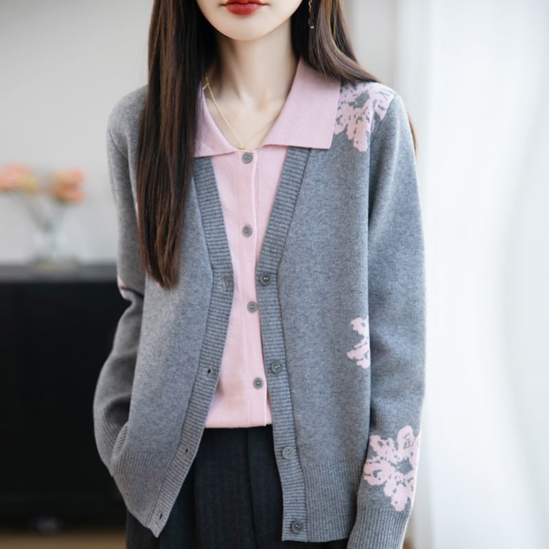 Mock Two-Piece Long-Sleeve Collar Floral Panel Button Knit Top