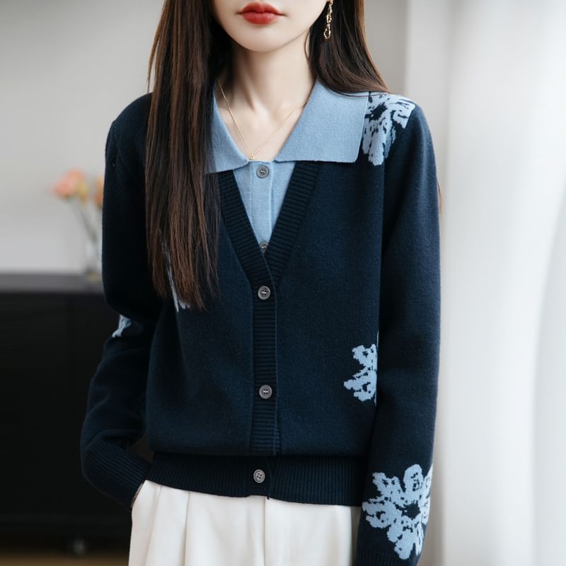 Mock Two-Piece Long-Sleeve Collar Floral Panel Button Knit Top