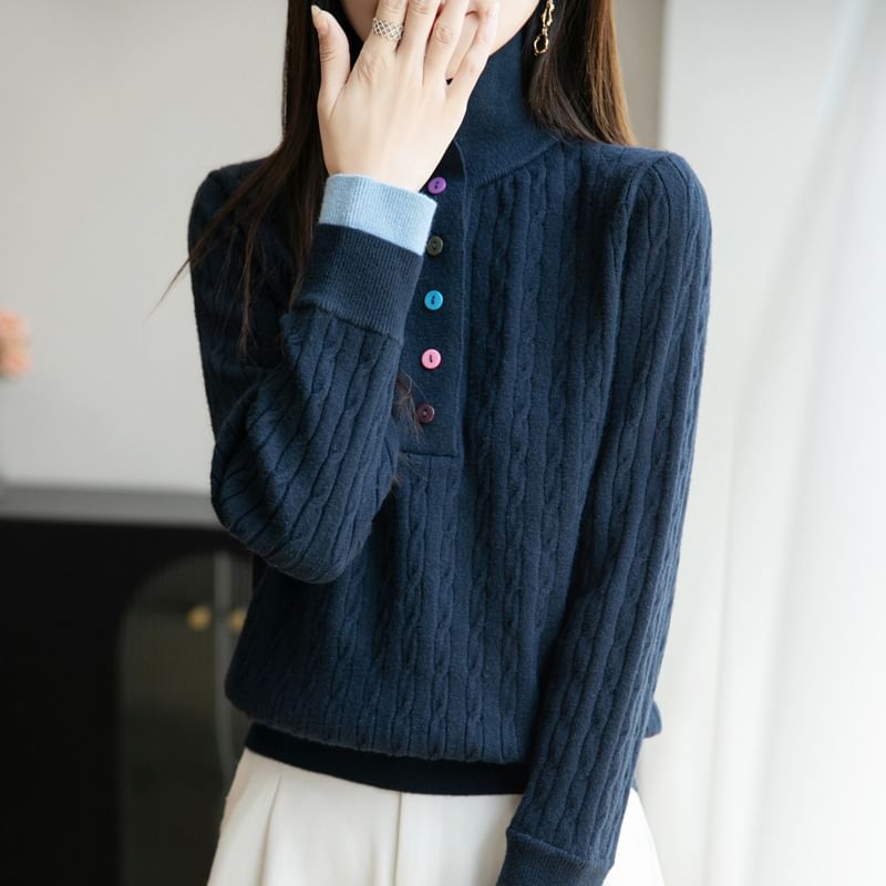 Long-Sleeve Turtleneck Henley Cable Knit Top