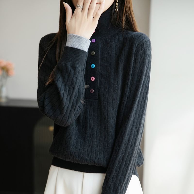 Long-Sleeve Turtleneck Henley Cable Knit Top