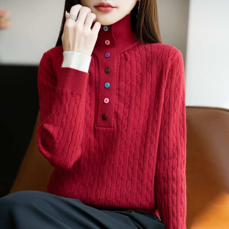 Long-Sleeve Turtleneck Henley Cable Knit Top