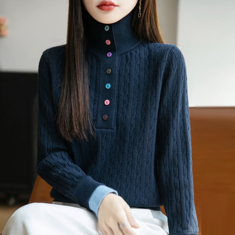 Long-Sleeve Turtleneck Henley Cable Knit Top