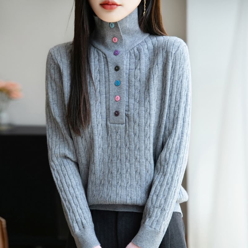 Long-Sleeve Turtleneck Henley Cable Knit Top