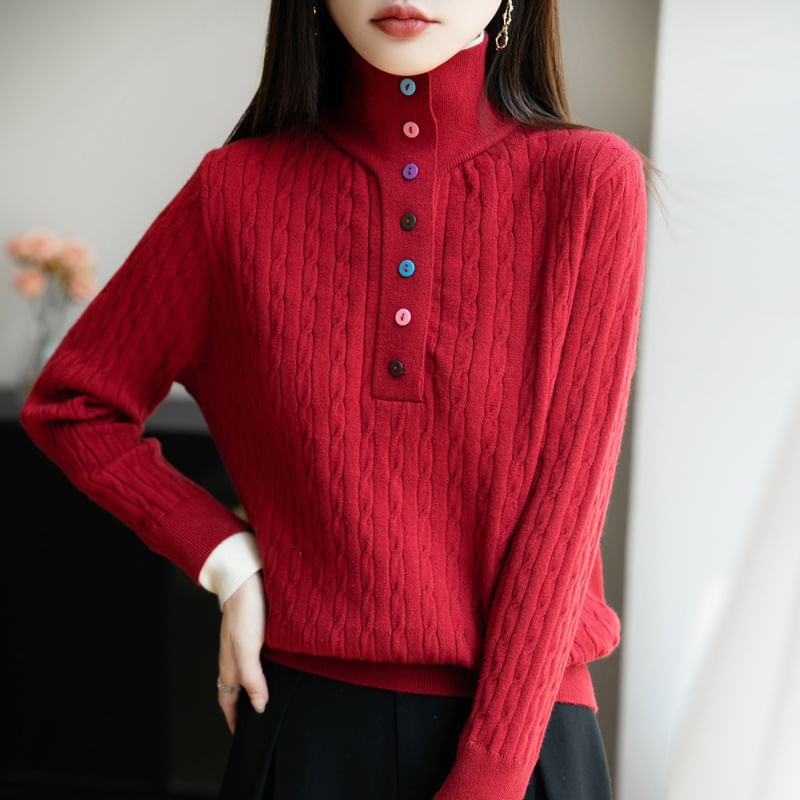 Long-Sleeve Turtleneck Henley Cable Knit Top