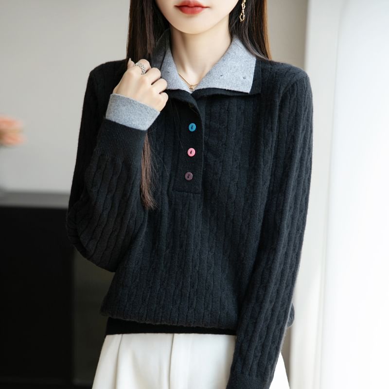 Long-Sleeve Turtleneck Henley Cable Knit Top