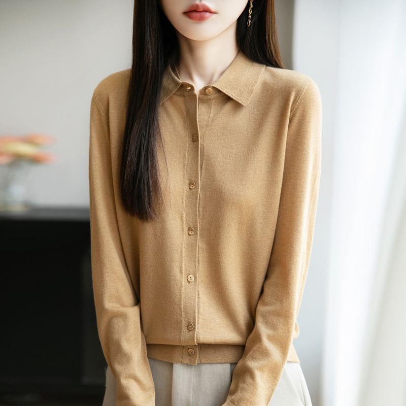 Long-Sleeve Collar Plain Button Knit Top