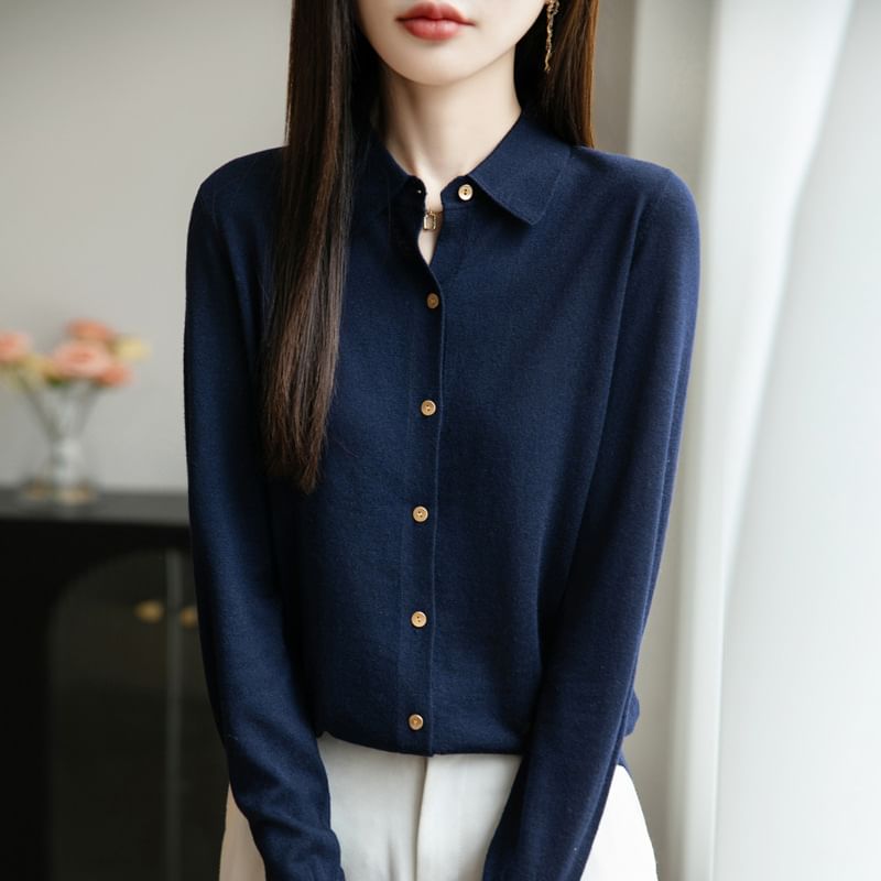 Long-Sleeve Collar Plain Button Knit Top
