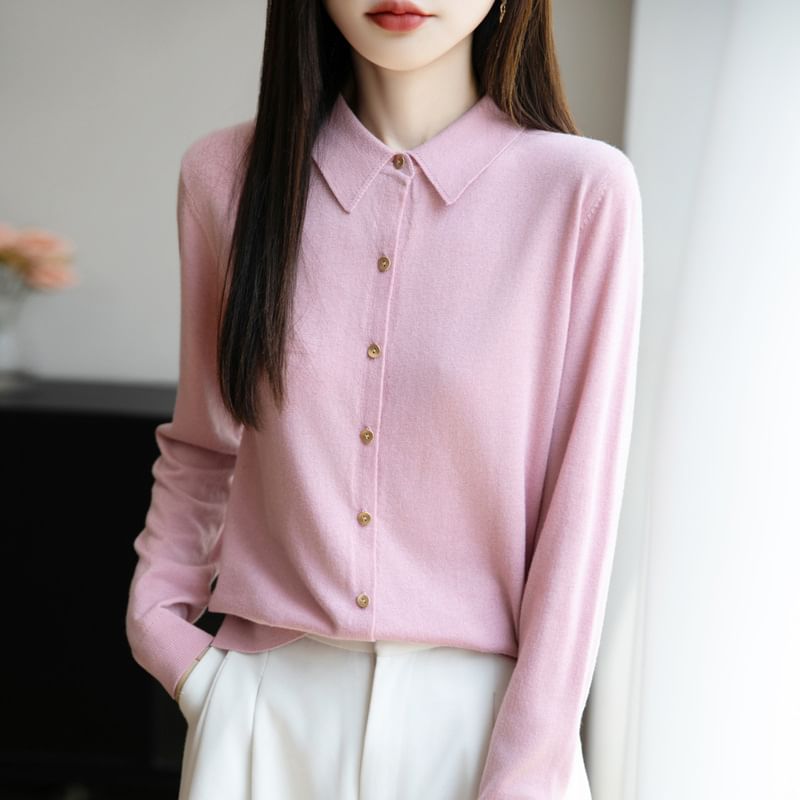 Long-Sleeve Collar Plain Button Knit Top