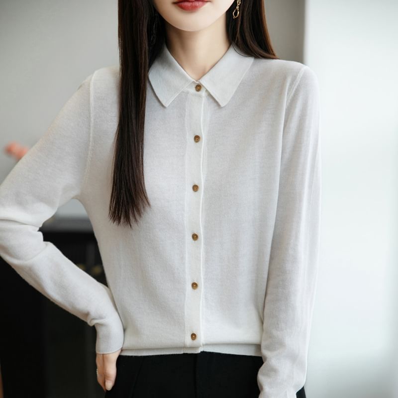 Long-Sleeve Collar Plain Button Knit Top