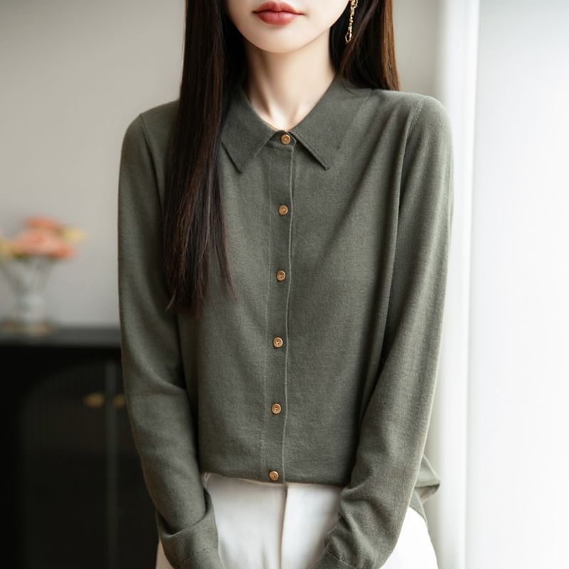 Long-Sleeve Collar Plain Button Knit Top