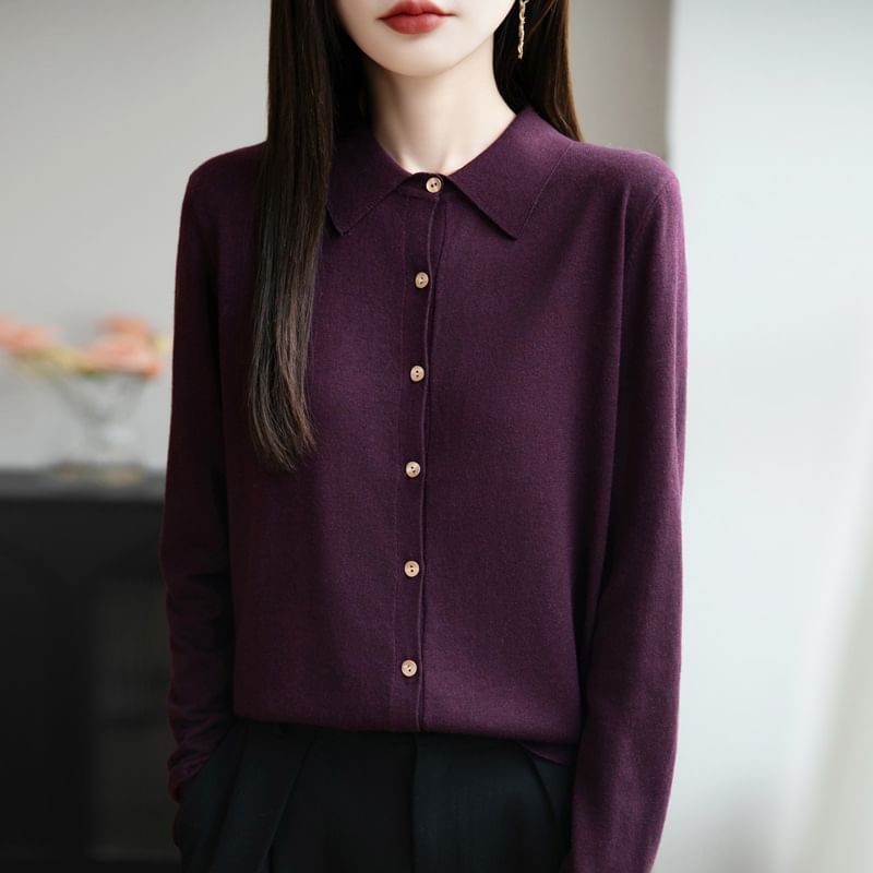 Long-Sleeve Collar Plain Button Knit Top
