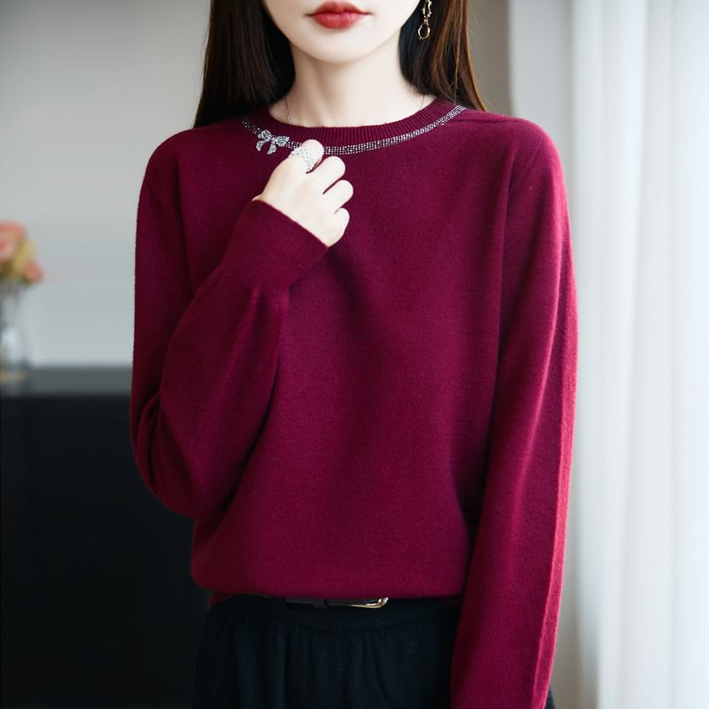 Long-Sleeve Round Neck Plain Bow Rhinestone Knit Top
