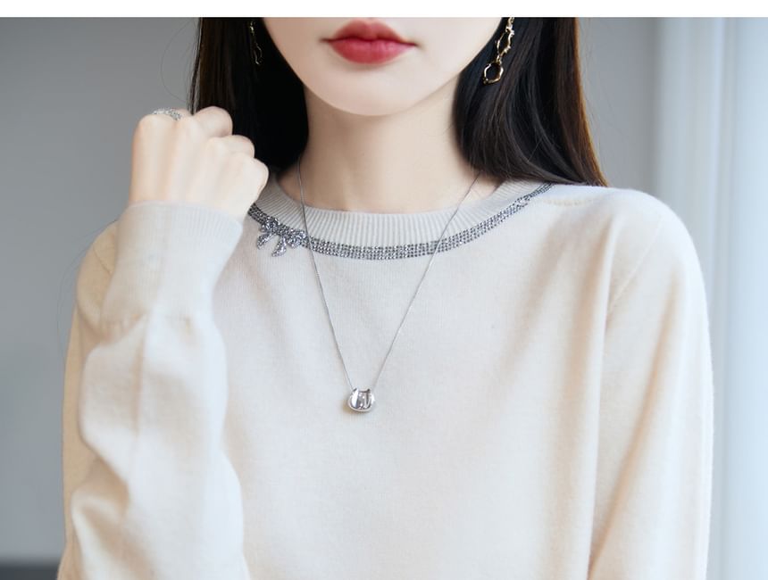 Long-Sleeve Round Neck Plain Bow Rhinestone Knit Top