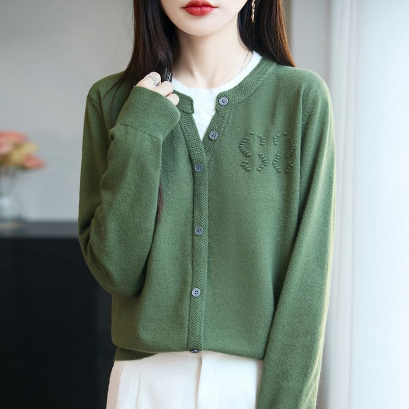Mock Two-Piece Long-Sleeve Round Neck Two Tone Button Knit Top