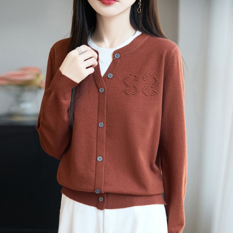 Mock Two-Piece Long-Sleeve Round Neck Two Tone Button Knit Top