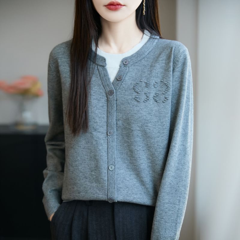 Mock Two-Piece Long-Sleeve Round Neck Two Tone Button Knit Top