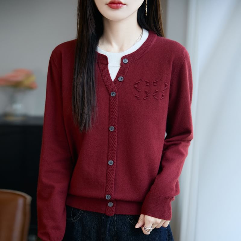 Mock Two-Piece Long-Sleeve Round Neck Two Tone Button Knit Top
