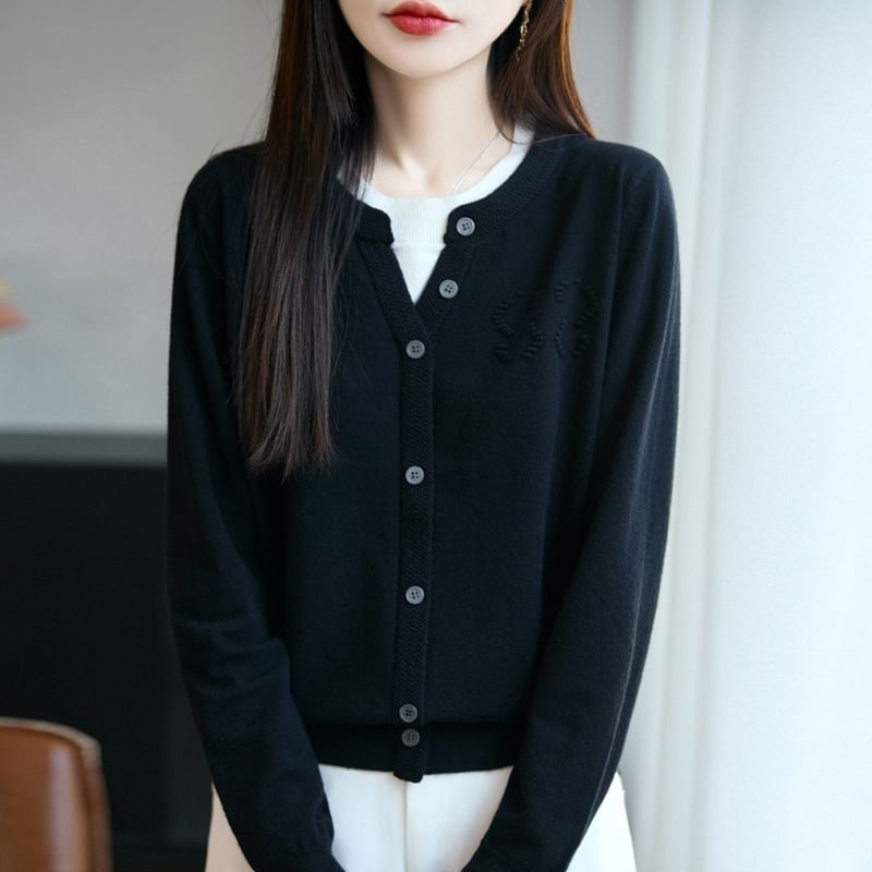 Mock Two-Piece Long-Sleeve Round Neck Two Tone Button Knit Top