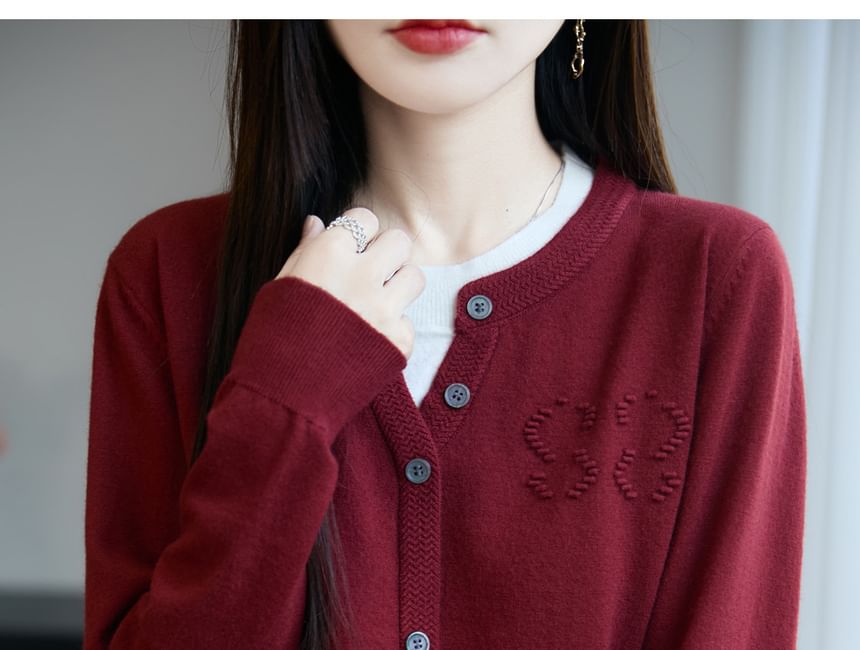 Mock Two-Piece Long-Sleeve Round Neck Two Tone Button Knit Top