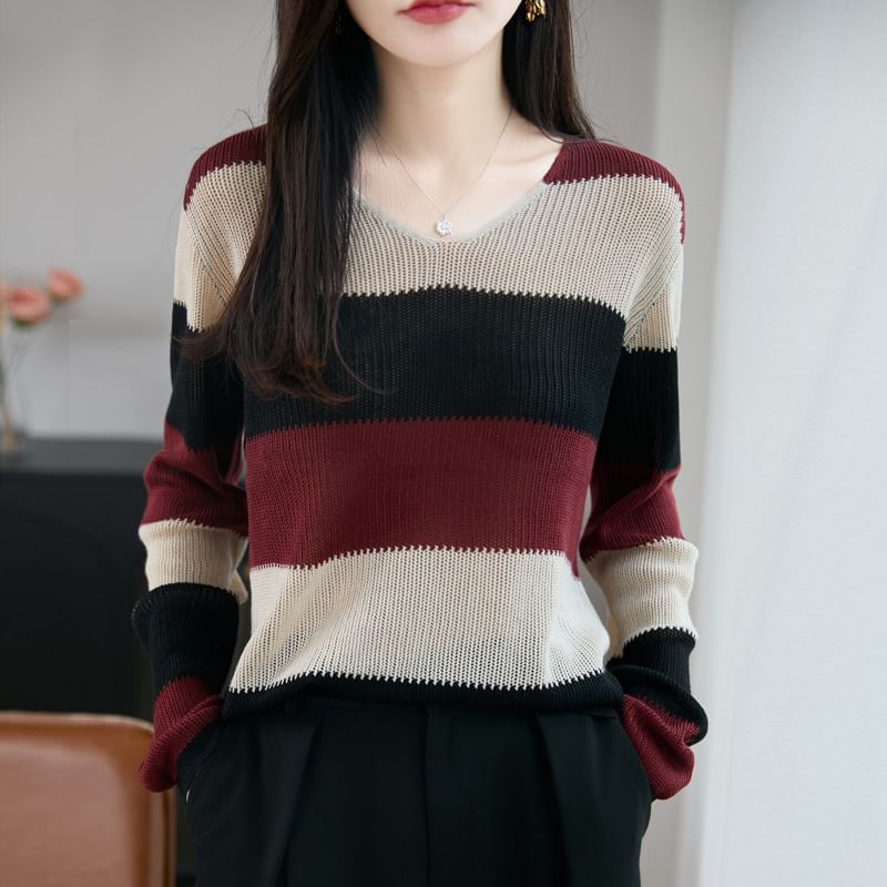 Long-Sleeve V-Neck Color Block Knit Top