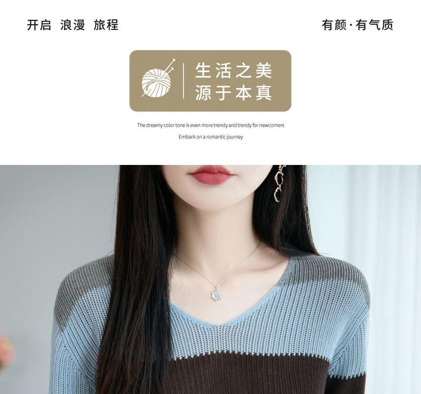 Long-Sleeve V-Neck Color Block Knit Top