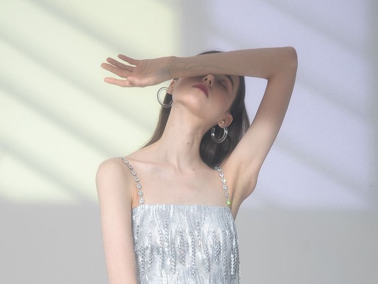 Spaghetti Strap Rhinestone Sheer Mini Dress